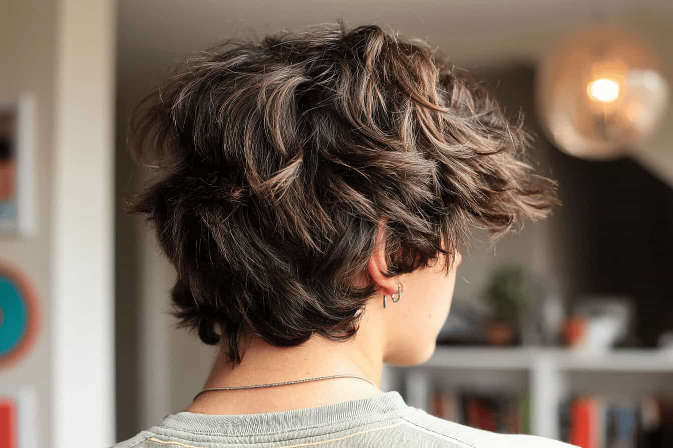 Person mit lockigem Haar von hinten