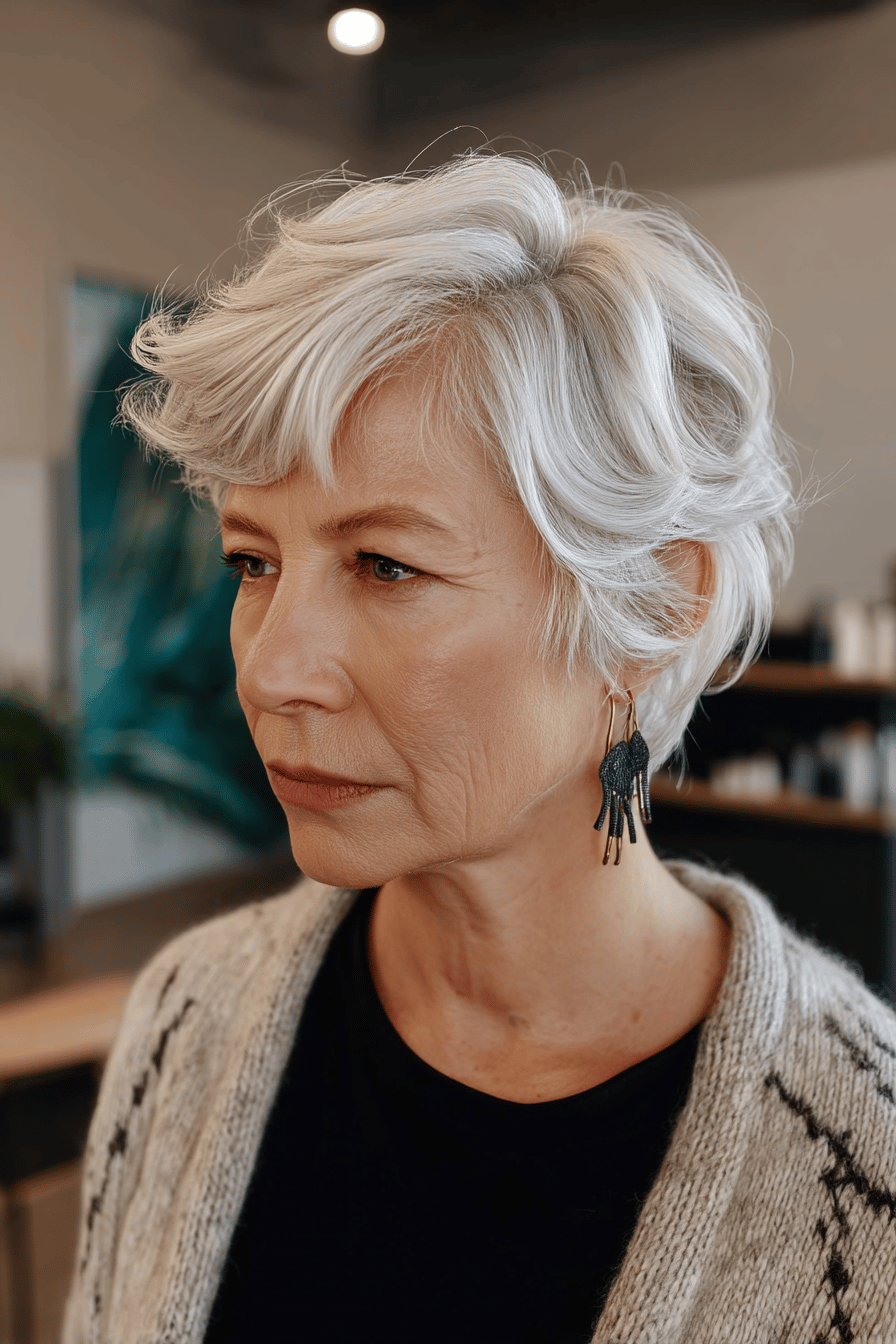 Silbergraue, kurz geschnittene shaggy Frisur bei einer älteren Frau mit modernem Look.