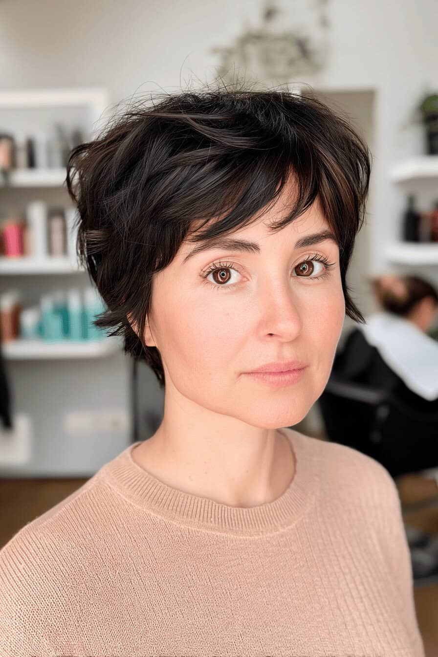 Frau mit kurzem, modernem Shaggy Haarschnitt in einem Salon.