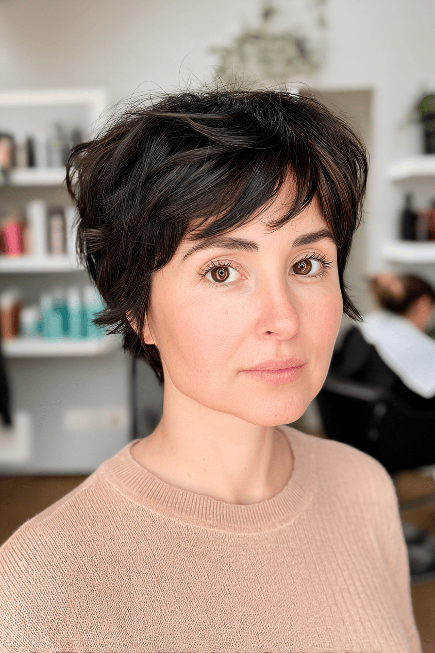 Frau mit kurzem, modernem Shaggy Haarschnitt in einem Salon.