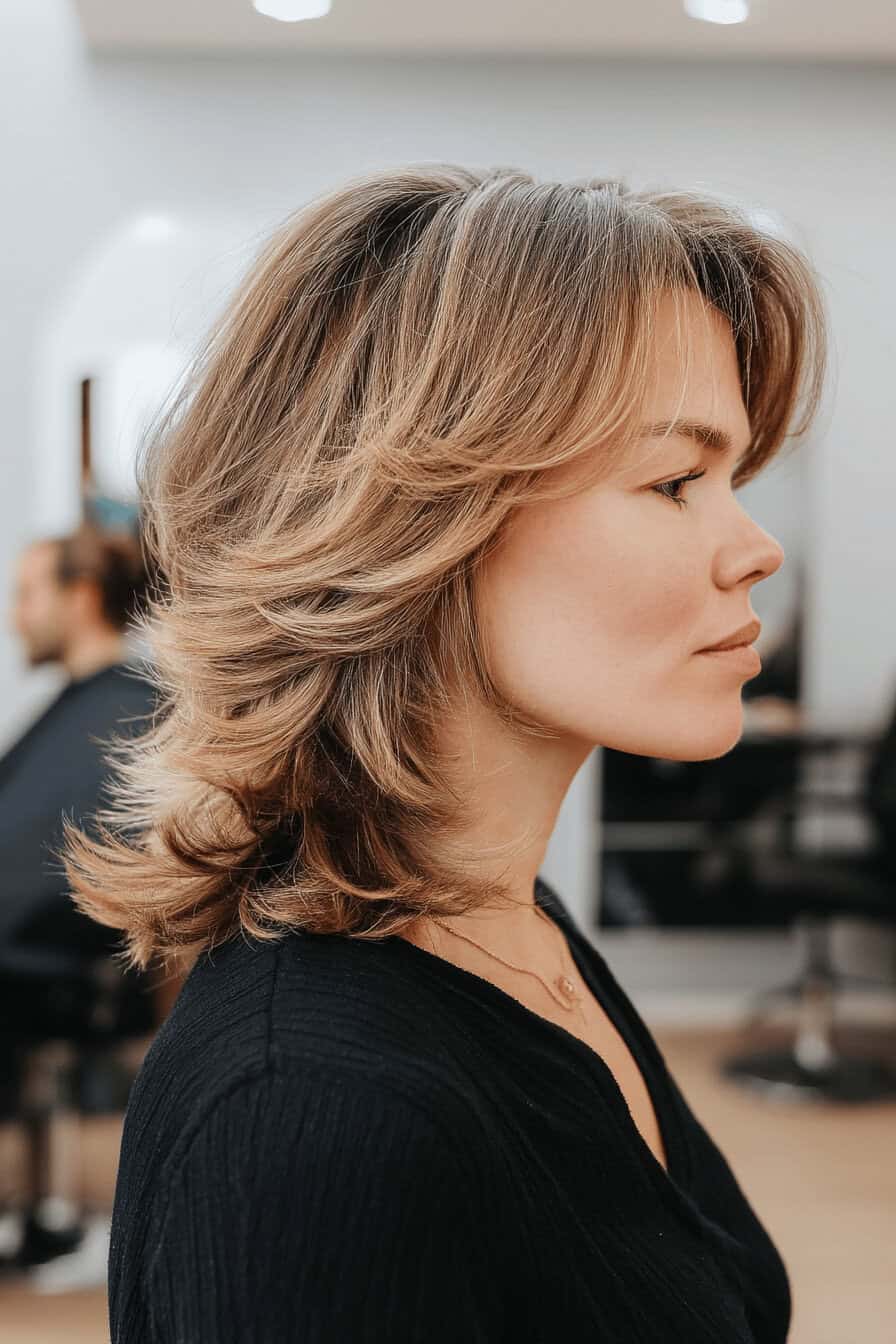 Seitliche Ansicht einer Frau mit Shaggy Layer Frisur in einem Salon.