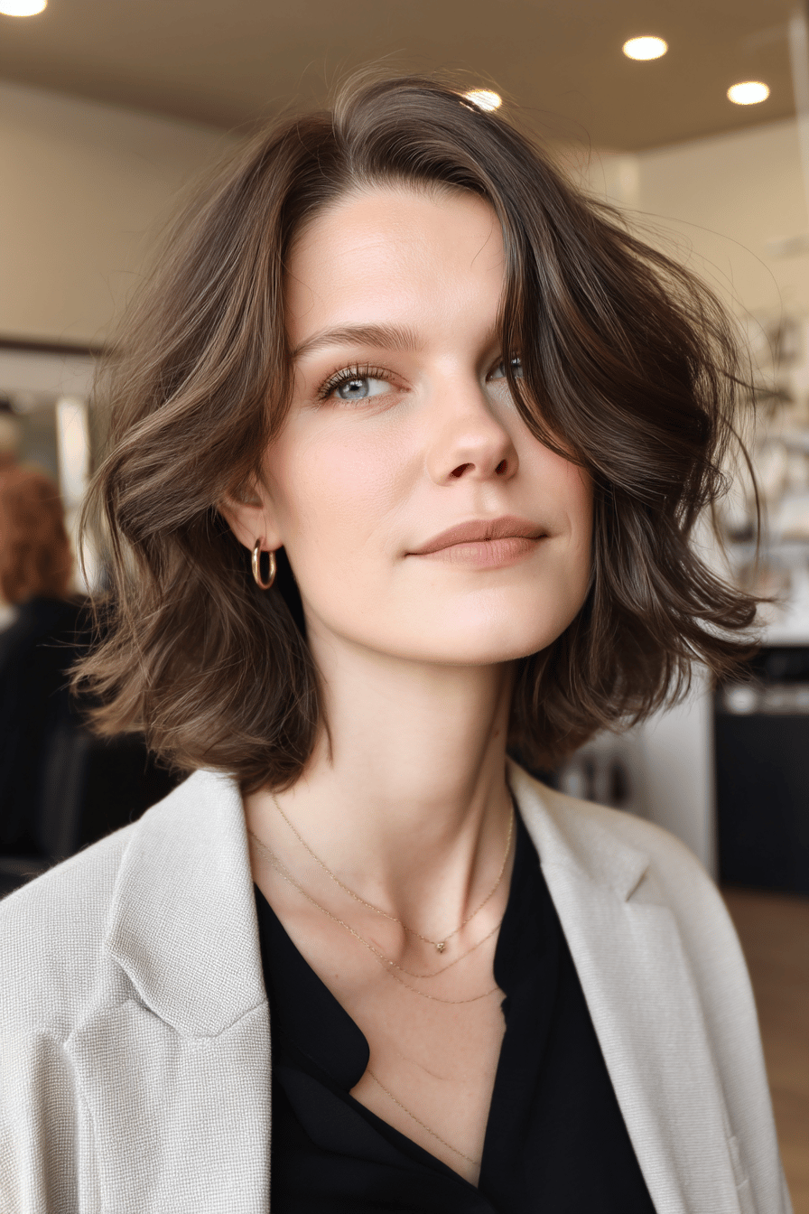 Person mit welligem Shaggy Lob Haarschnitt im Salon.