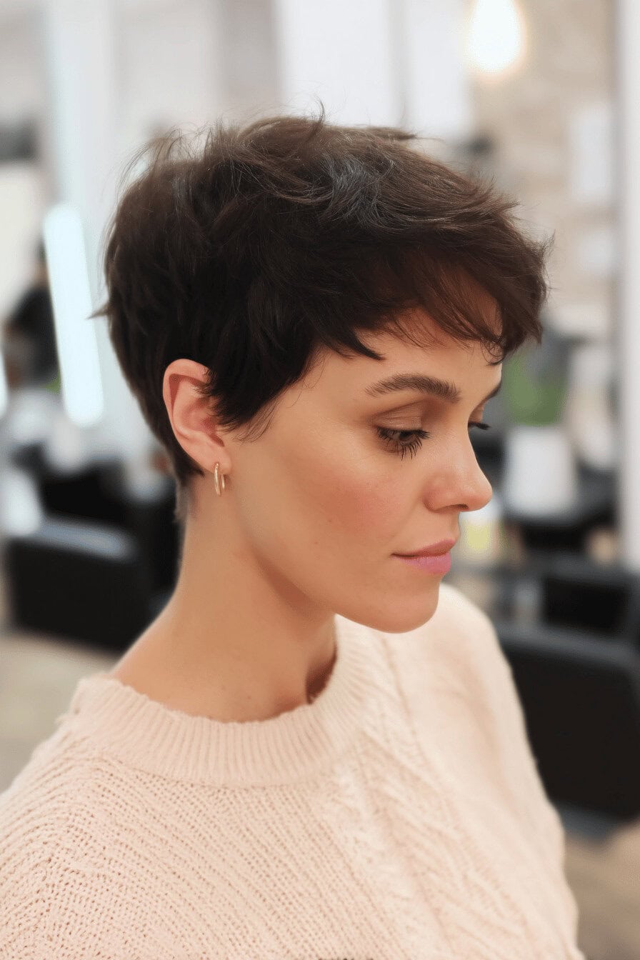 Frau mit einem modernen Pixie-Haarschnitt in einem Friseursalon.