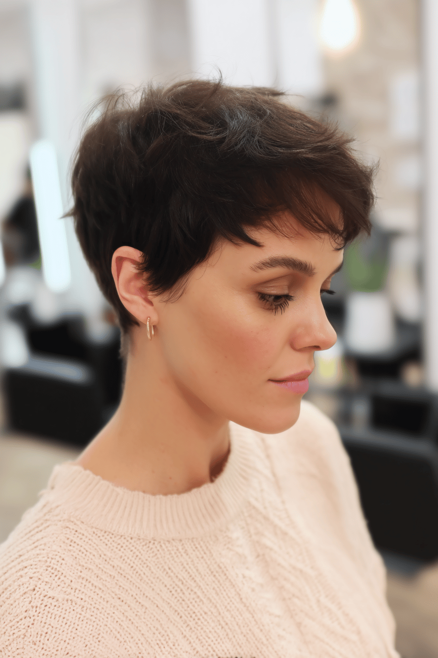 Frau mit einem modernen Pixie-Haarschnitt in einem Friseursalon.