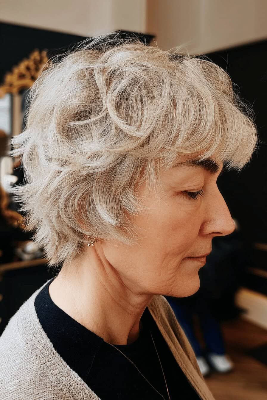 Ältere Frau mit einem kurzen, welligen Shaggy Haarschnitt in einem Salon.