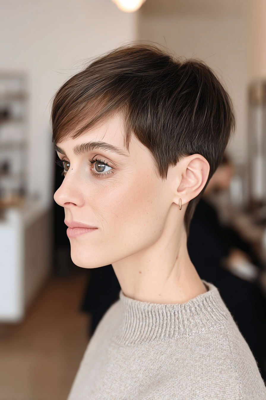 Frau mit einem kurzen Sidecut Pixie Haarschnitt in einem minimalistischen Raum.