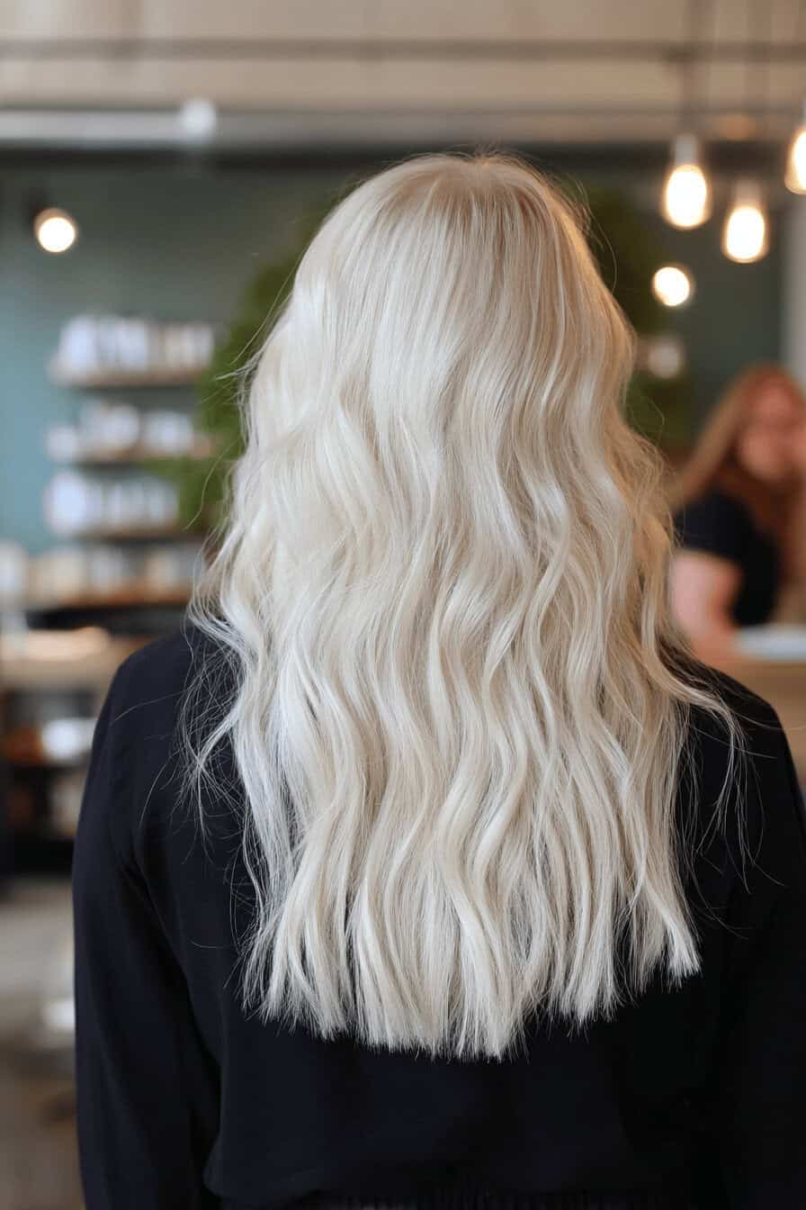 Langes, welliges Haar in silberner Farbe von hinten betrachtet.