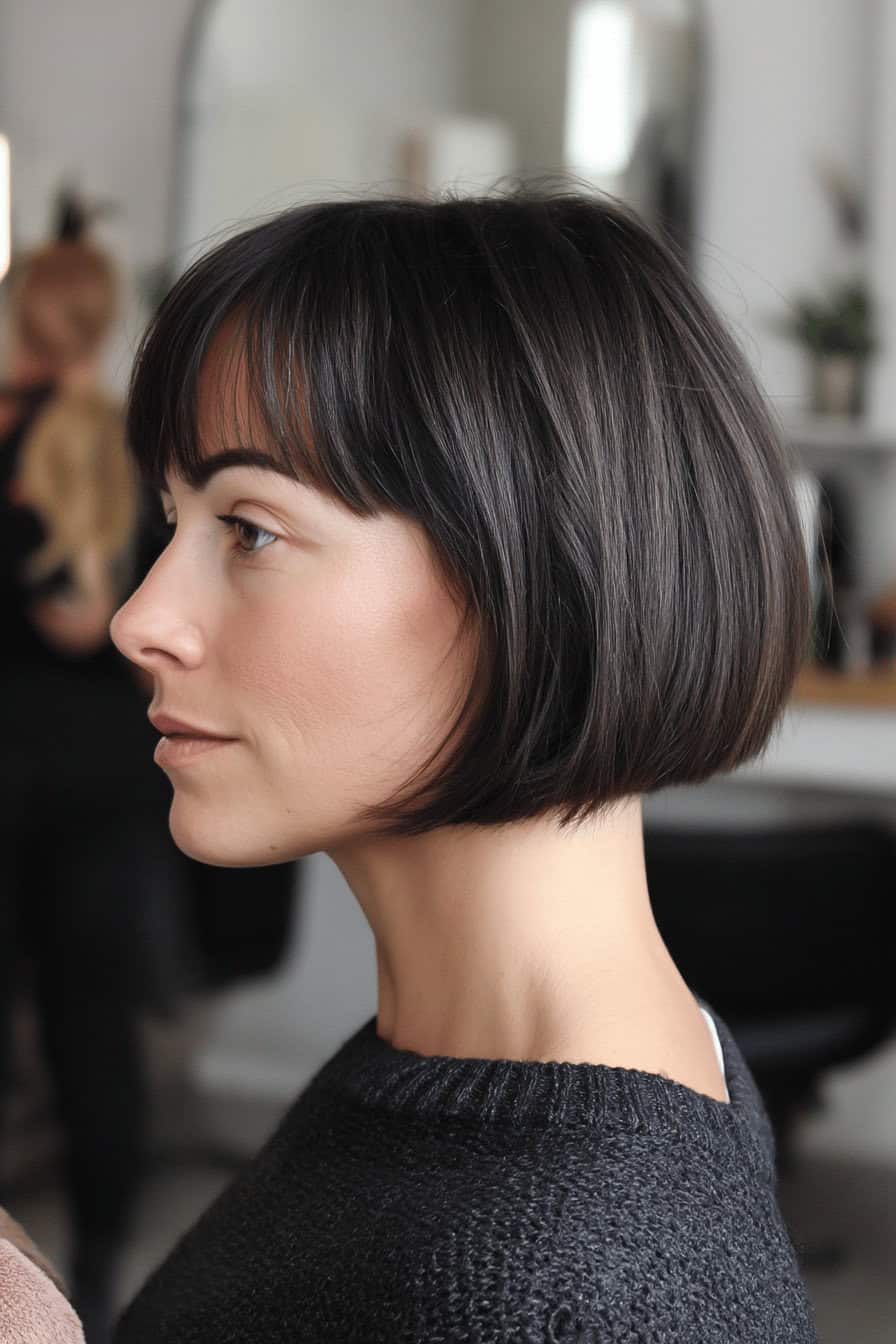 Seitliche Ansicht eines eleganten Bob-Haarschnitts mit super kurzem Pony bei einer Frau.