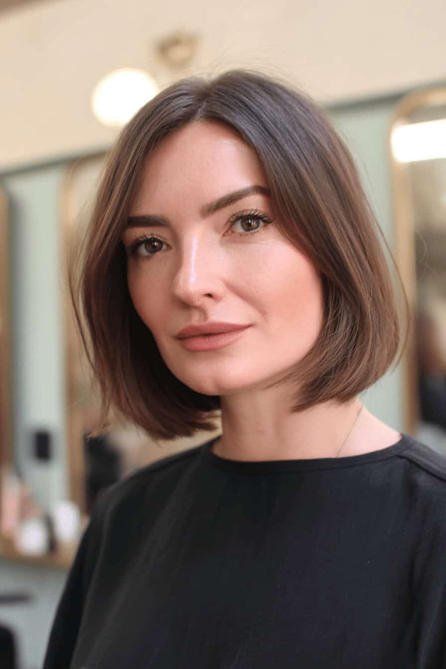 Eine Frau mit mittellangem, glattem Bob-Haarschnitt in einem Salon.