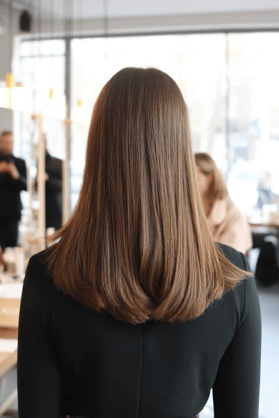 Rückansicht von glattem, mittellangem Haar in einem Salon.