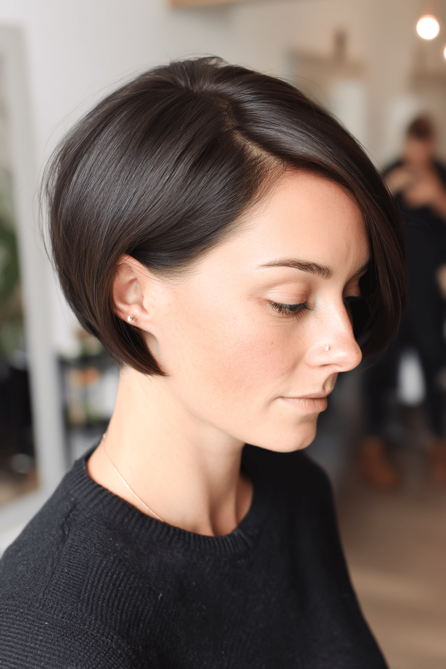 Frau mit einem glatten Pixie-Bob-Haarschnitt im Profil.