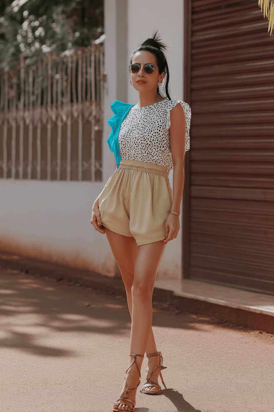 Frau in gepunkteter Bluse, beiger Shorts und Sandalen mit niedrigem Absatz.