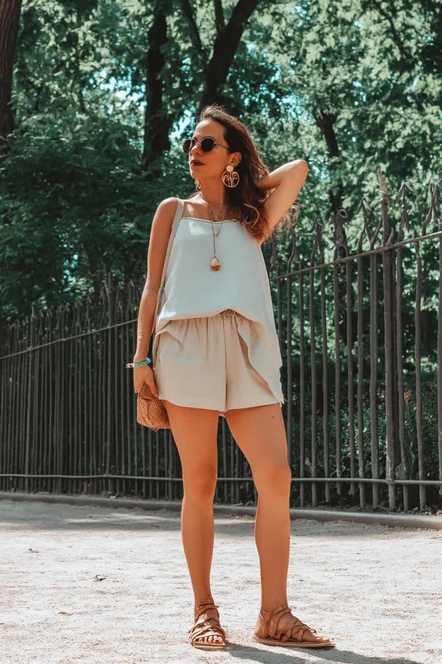 Frau in lockerem weißen Tanktop und Shorts an einem sonnigen Tag im Park.