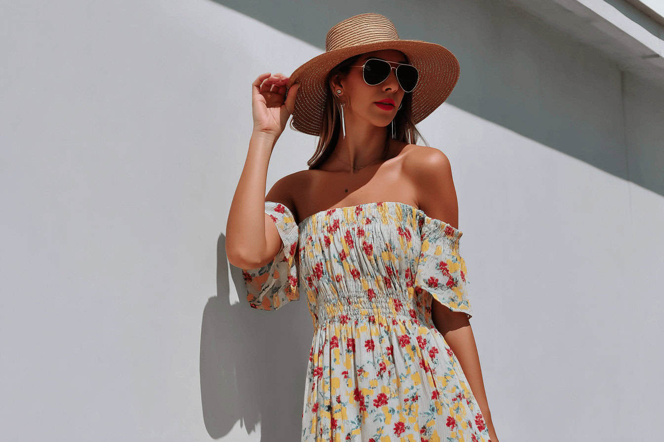 Frau in Sommerkleid und Hut vor Wand