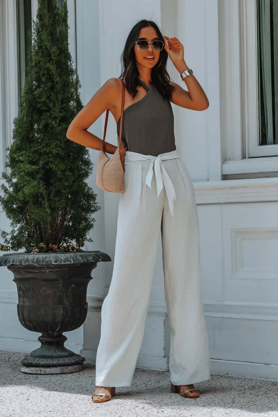 Frau in Leinenhose und Top mit Sonnenbrille.