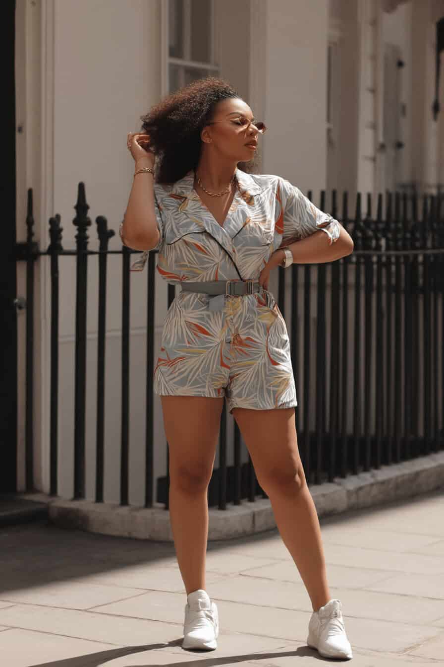 Frau in einem gemusterten Playsuit mit kurzen Ärmeln und Sneakers auf der Straße.