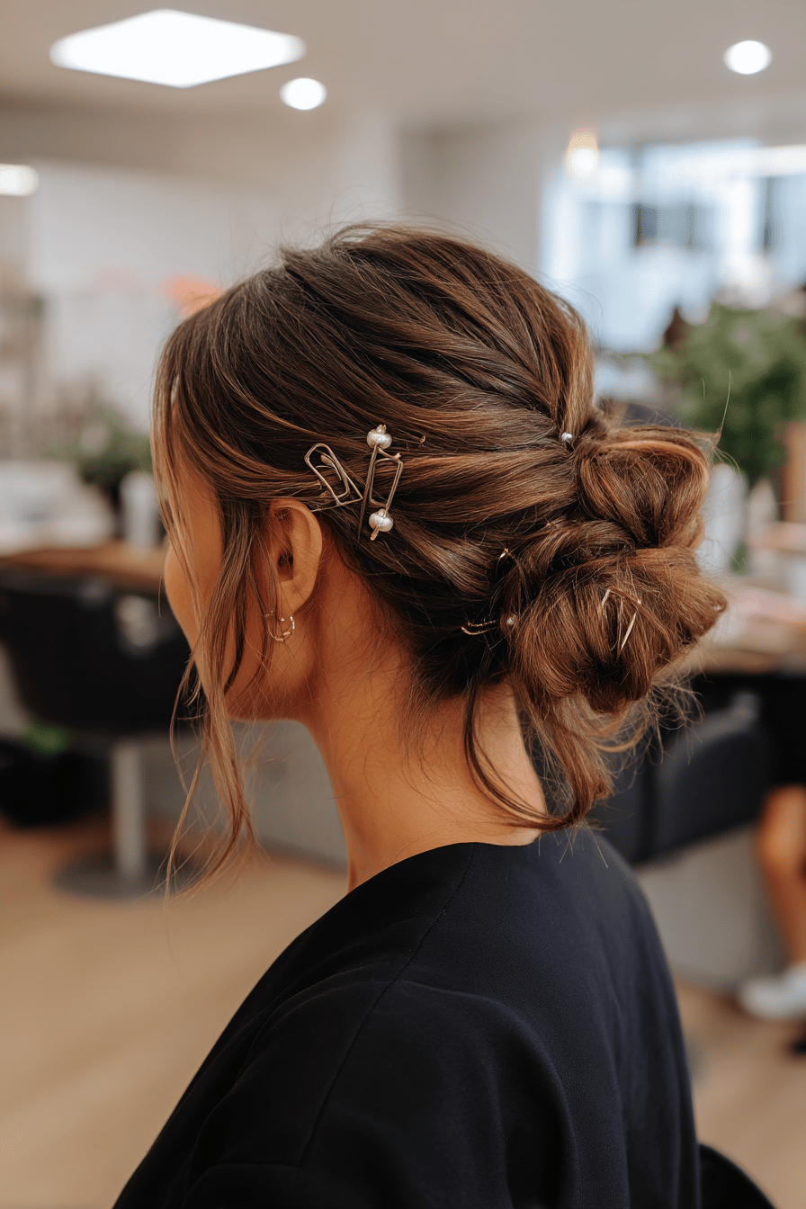 Nahaufnahme einer eleganten Hochsteckfrisur mit dekorativen Haarclips.