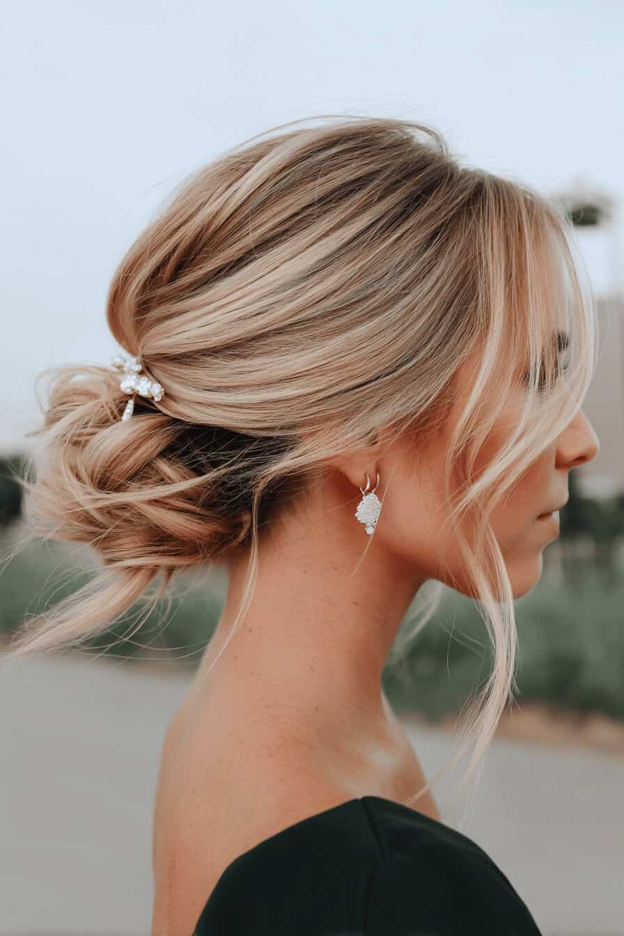 Nahaufnahme einer Frau mit elegantem Dutt und glitzerndem Haarschmuck.