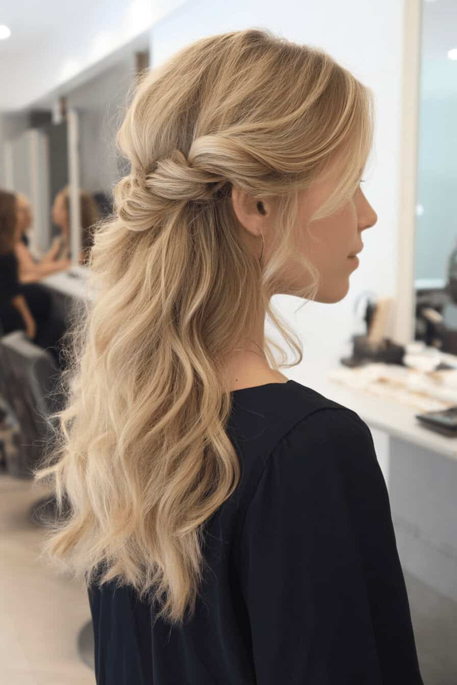 Eine Frau mit halboffener Frisur und sanften Wellen in einem Salon.