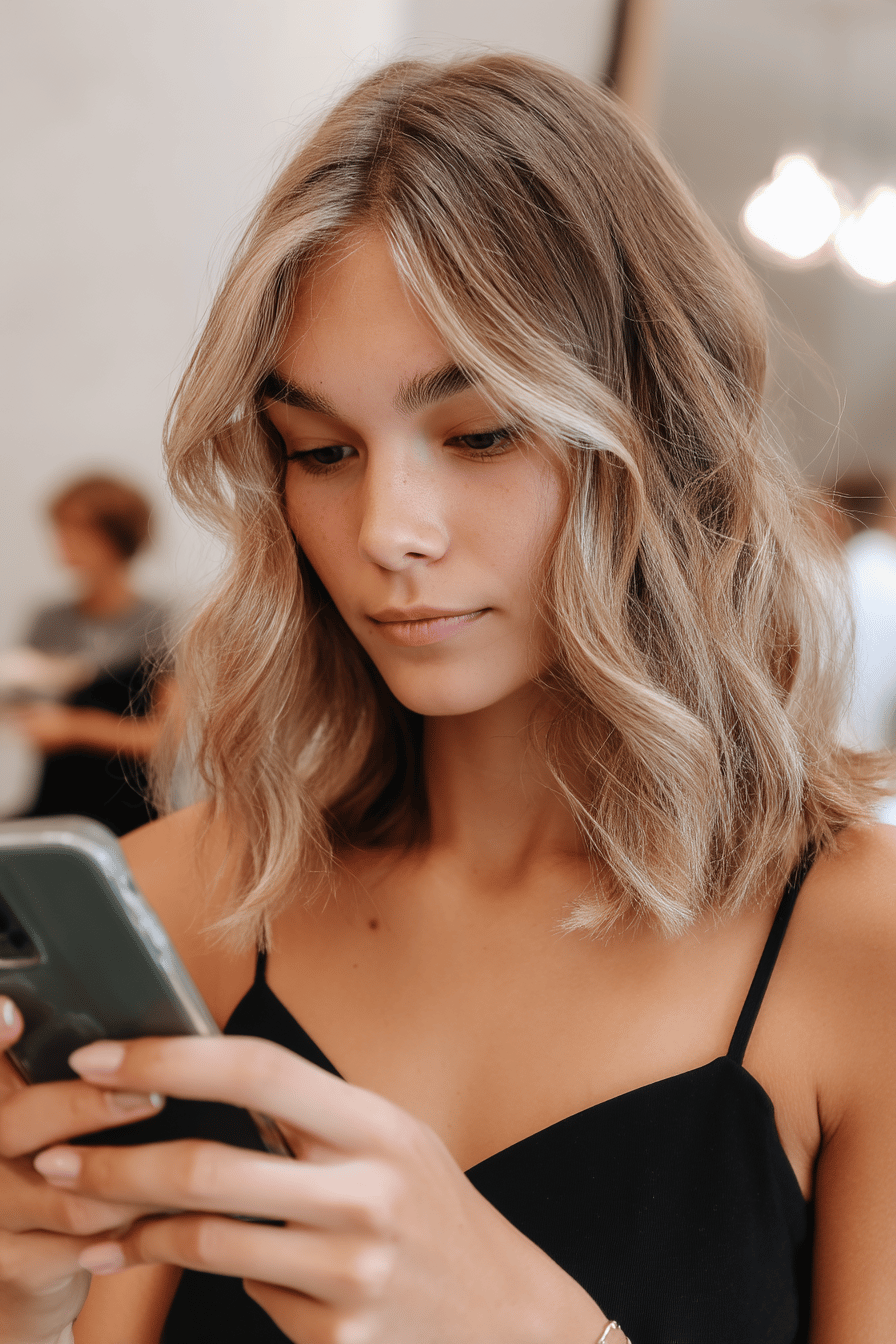 Junge Frau mit lockeren Beach Waves blickt auf ihr Handy.