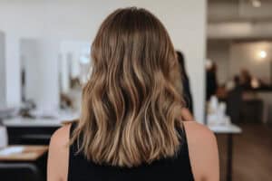 Frau mit schulterlangem, welligem Haar im Salon