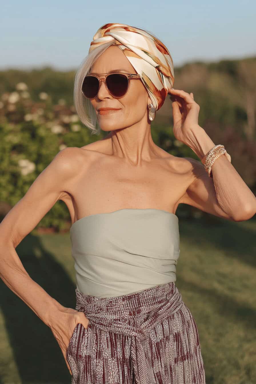 Elegante Dame mit buntem Haarband und Sonnenbrille in sommerlicher Kleidung.