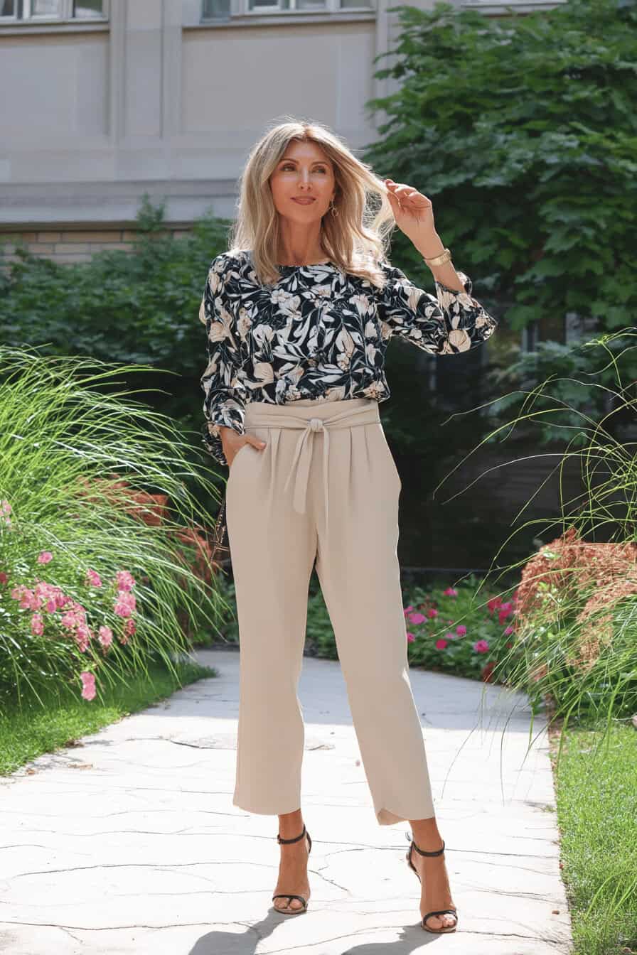 Frau in sommerlicher Bluse und beigefarbener Hose in einem Garten.