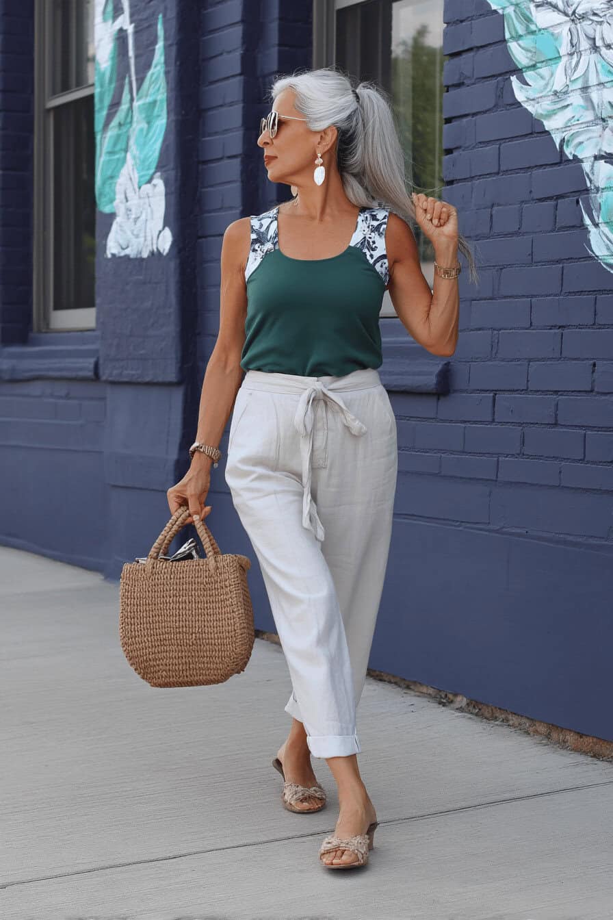 Ältere Frau in einem sommerlichen Outfit mit grünem Top, hellen Hosen und einer Strohtasche.