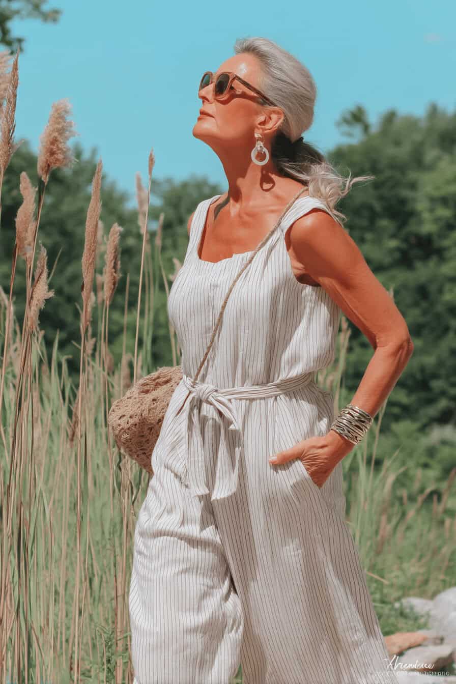 Frau in einem gestreiften Sommerkleid im Freien.