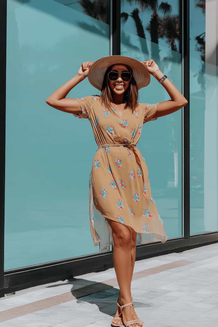 Frau in einem floralen Kleid mit Sonnenhut und Sonnenbrille.