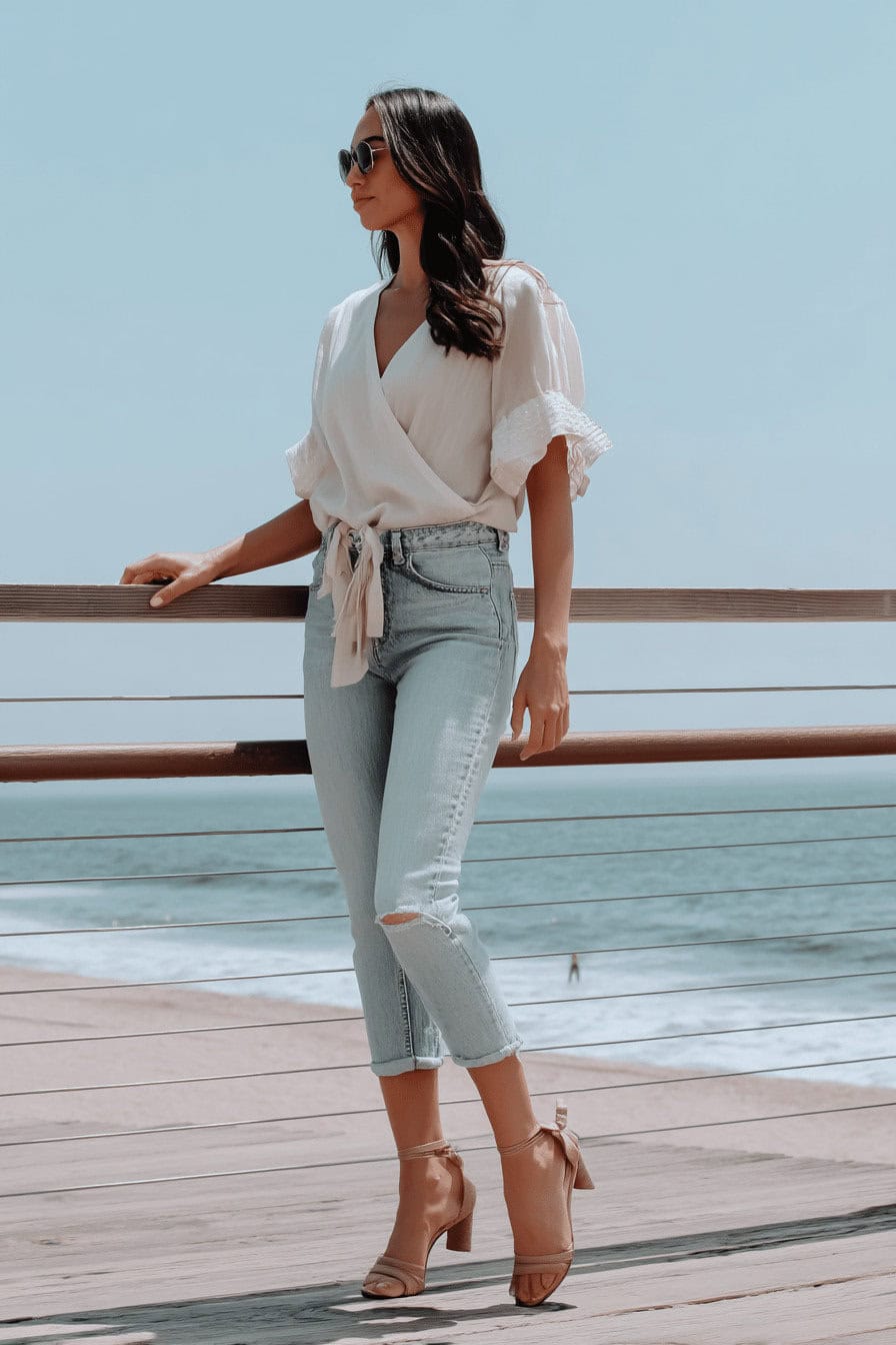 Frau in hellblauer Jeans und weißer Bluse auf einer Promenade am Strand.