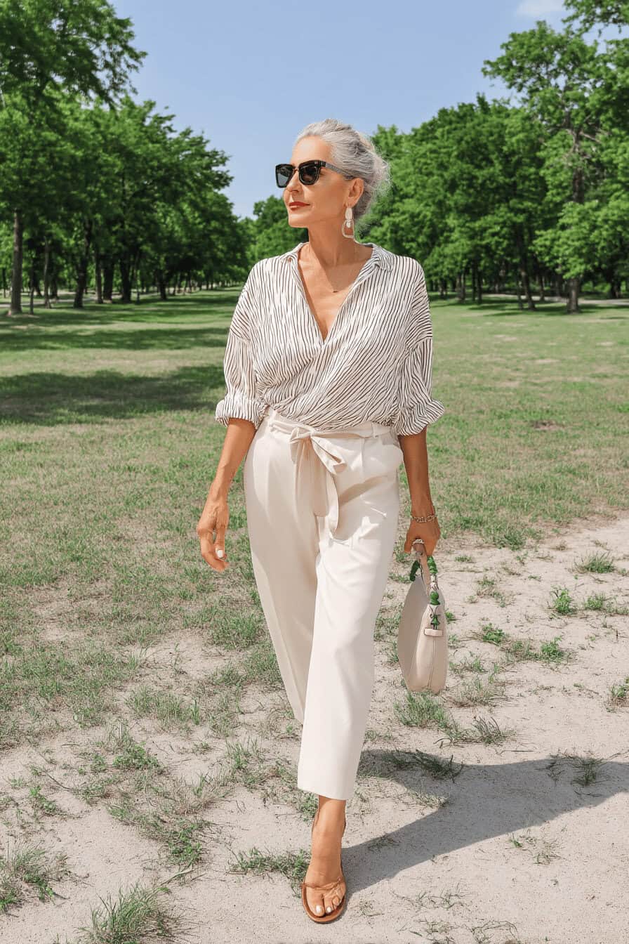 Eine stilvolle Frau über 50 trägt eine Sonnenbrille und ein elegantes Outfit aus einer gemusterten Bluse und einer beigen Hose.