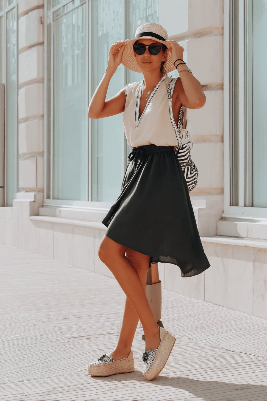 Frau in einem Sommeroutfit mit Espadrilles, Sonnenhut und Sonnenbrille.