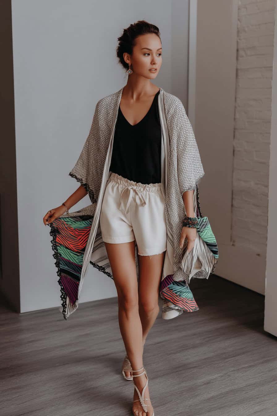 Eine Person trägt einen hüftlangen, lässigen Kimono über einer schwarzen Bluse und weißen Shorts.