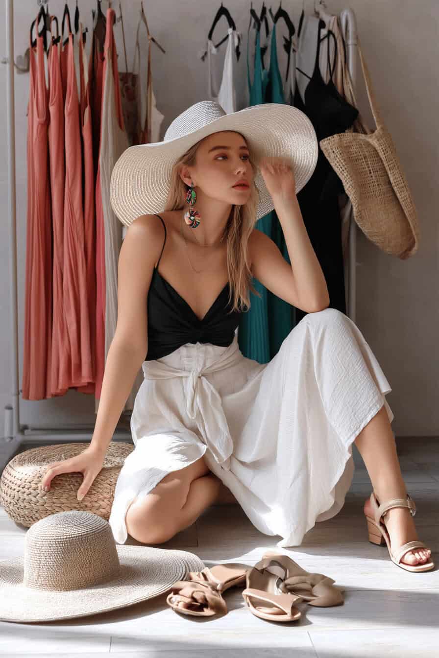 Frau in Sommeroutfit mit großem Sonnenhut, umgeben von Kleidern und Sandalen.
