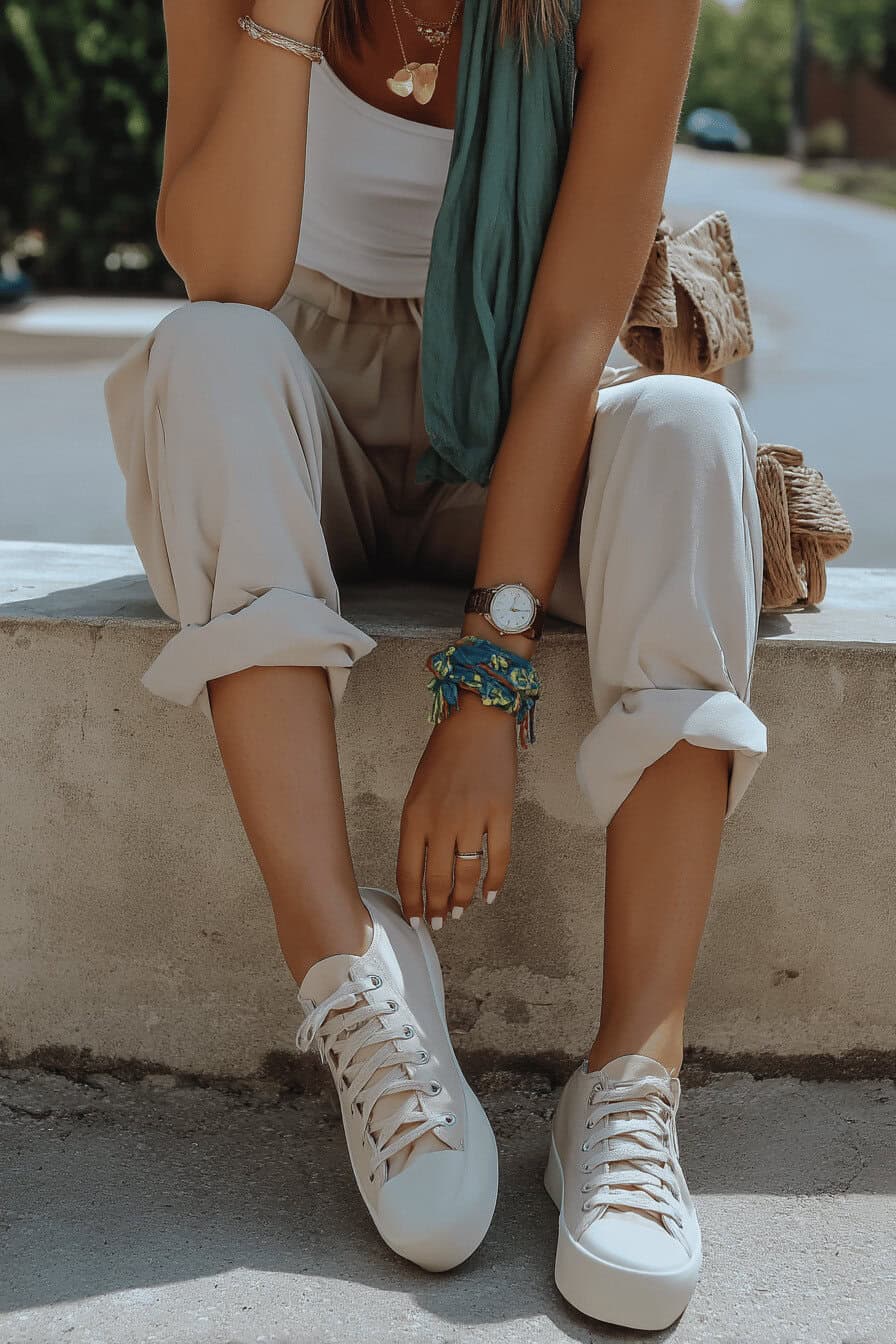 Frau mit weißem Top, beigen Hosen und weißen Sneakern, die auf einer Mauer sitzt.