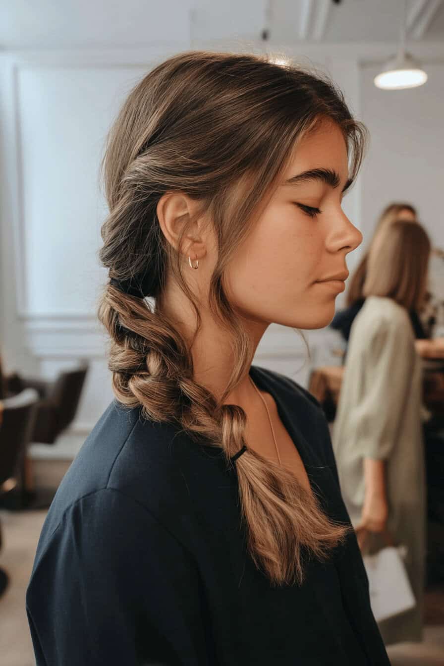 Seitenansicht einer Frau mit locker geflochtenem Zopf für mittellanges Haar.