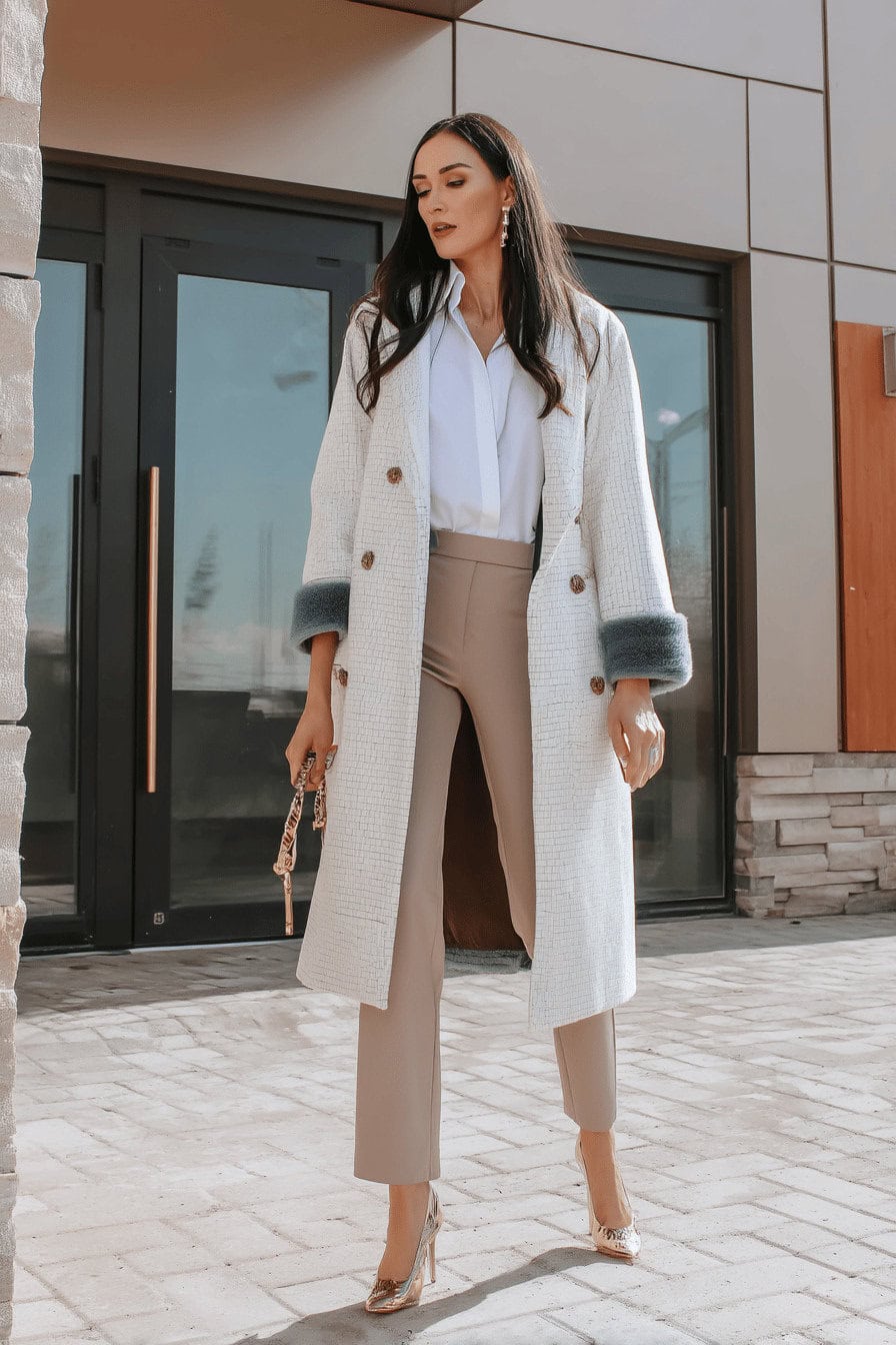 Frau in elegantem, weißem Statement-Mantel und beigen Hosen vor einem modernen Gebäude.