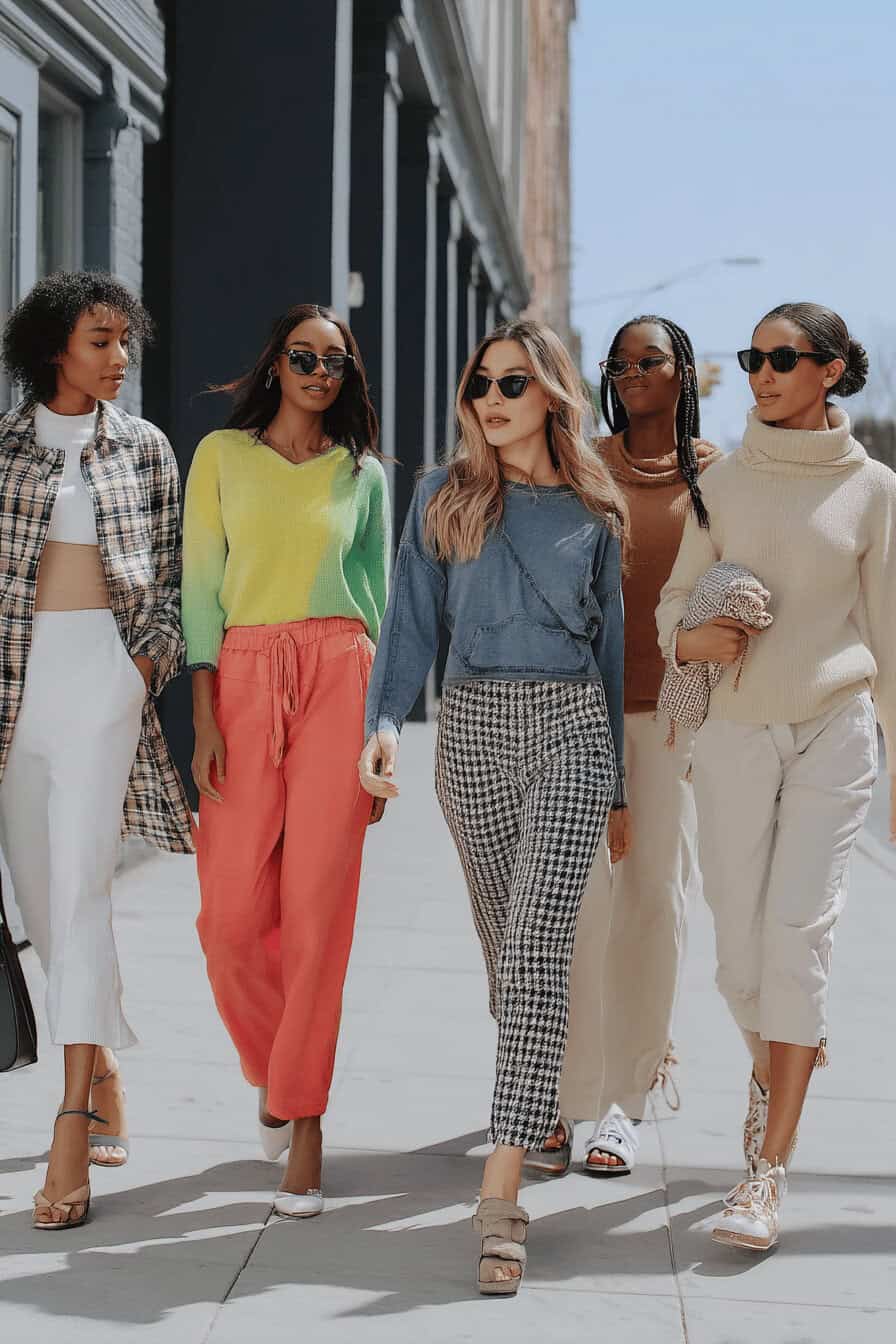 Fünf Personen in modischen Frühlingsoutfits spazieren auf der Straße.