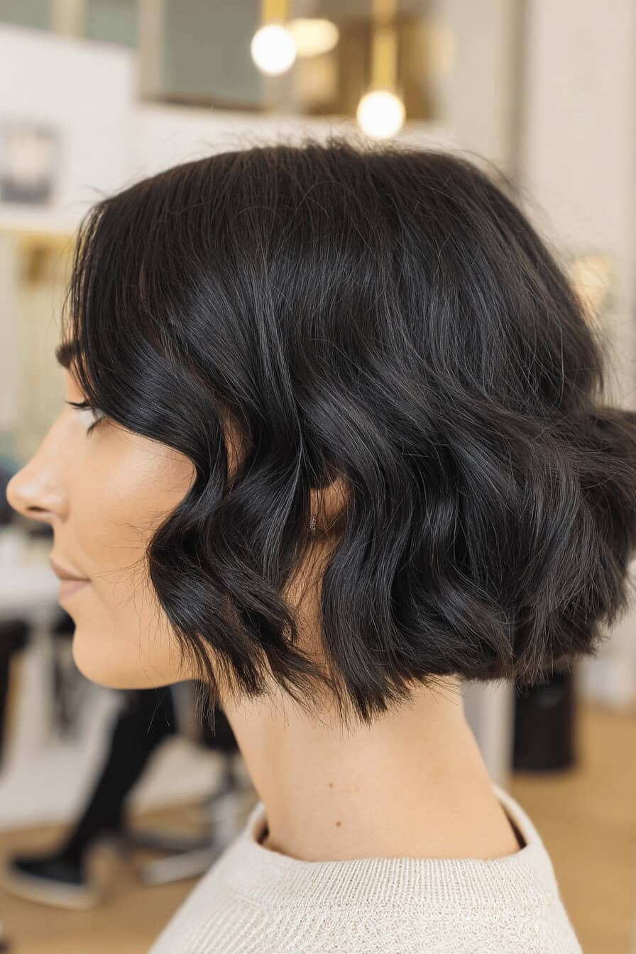 Eine Frau mit einem kurzen, welligen Bob-Haarschnitt in schwarzer Farbe.