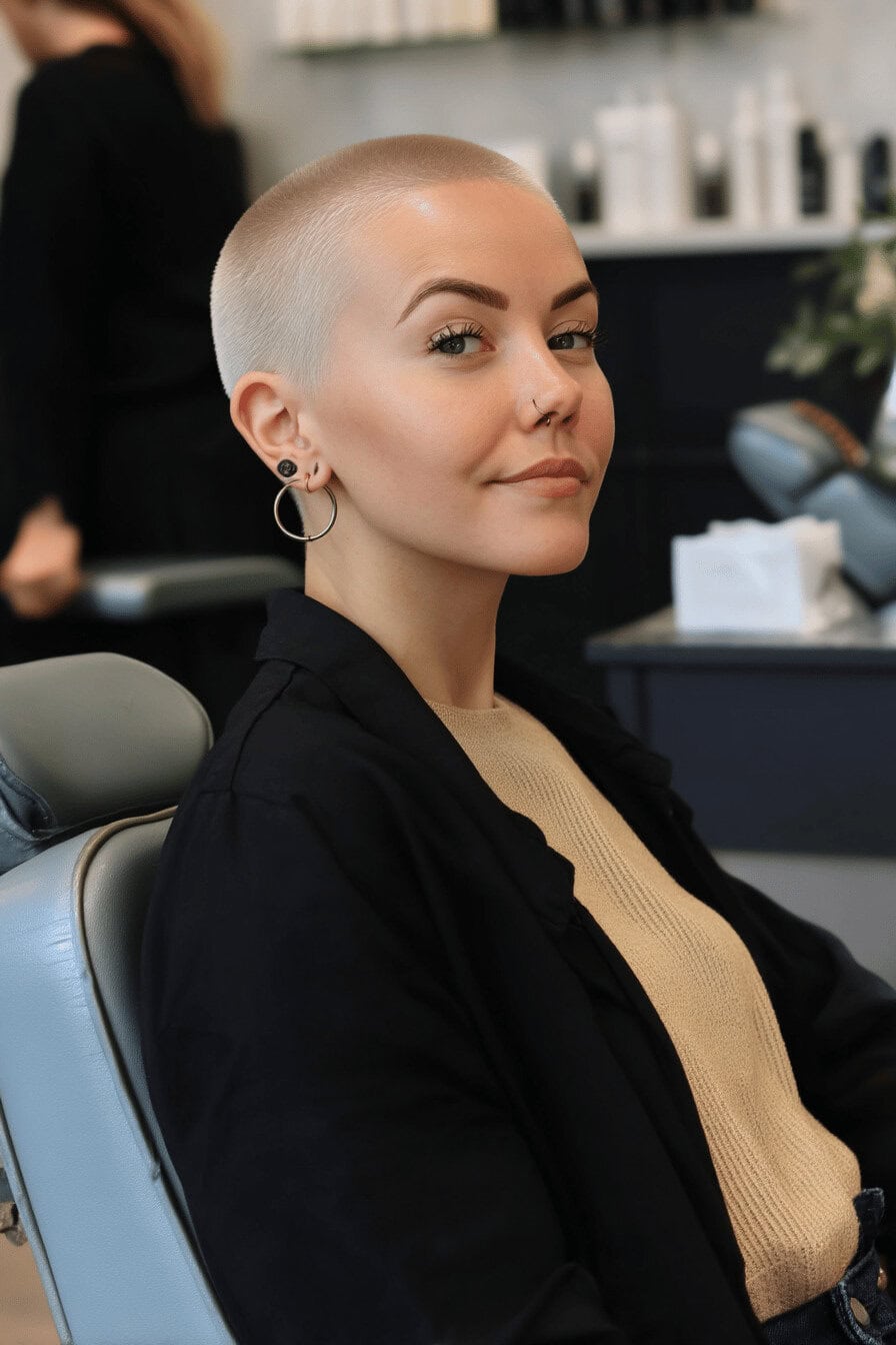 Frau mit einem strukturierten Buzz Cut sitzt in einem Friseurstuhl.