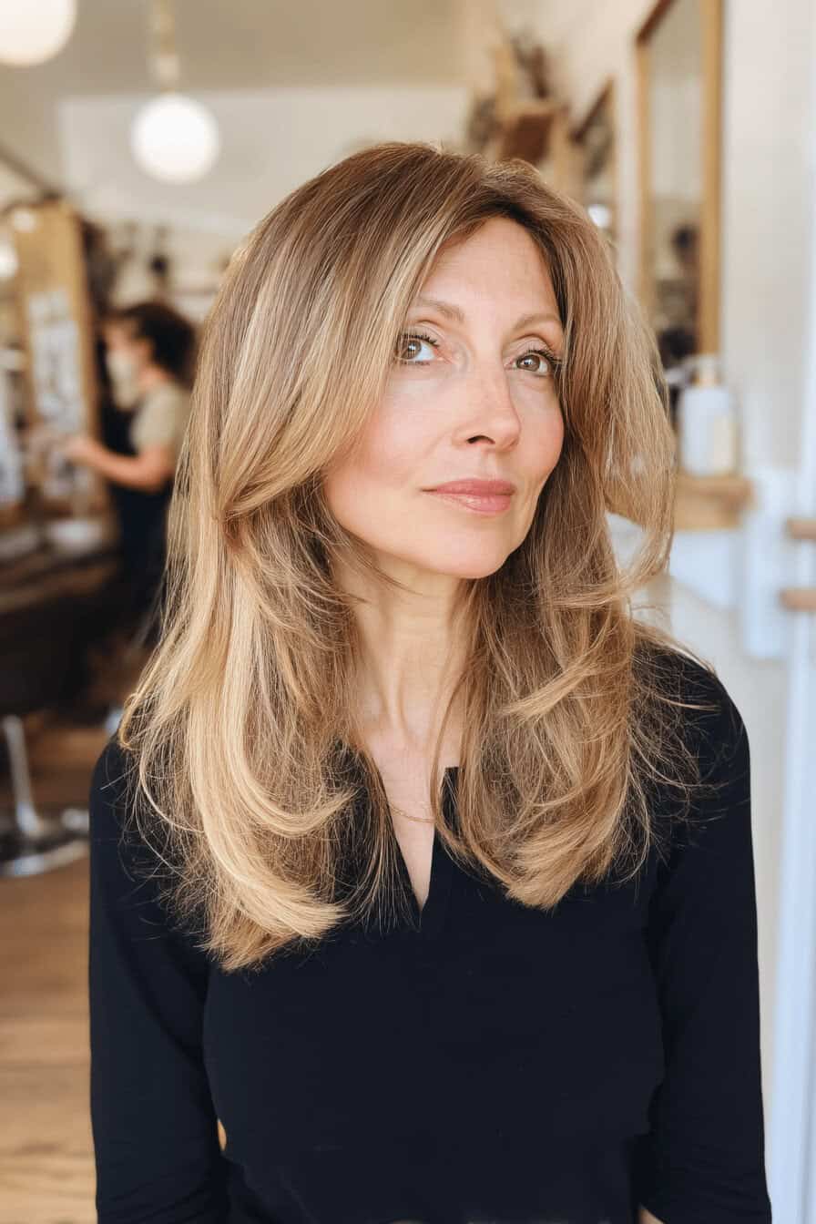 Frau mit langen, gestuften Haaren in einem Friseursalon.