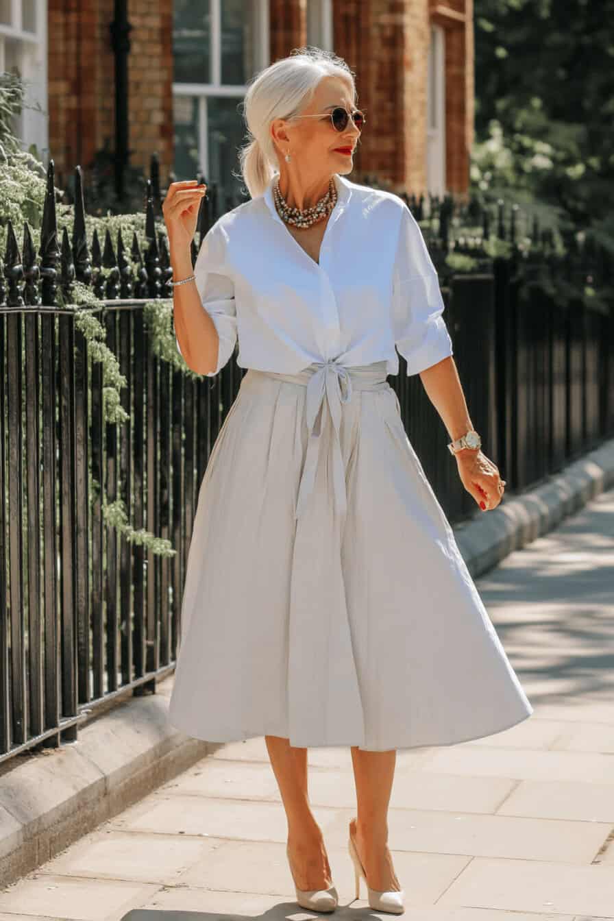 Elegante ältere Dame im stilvollen Midi-Rock und weißer Bluse.