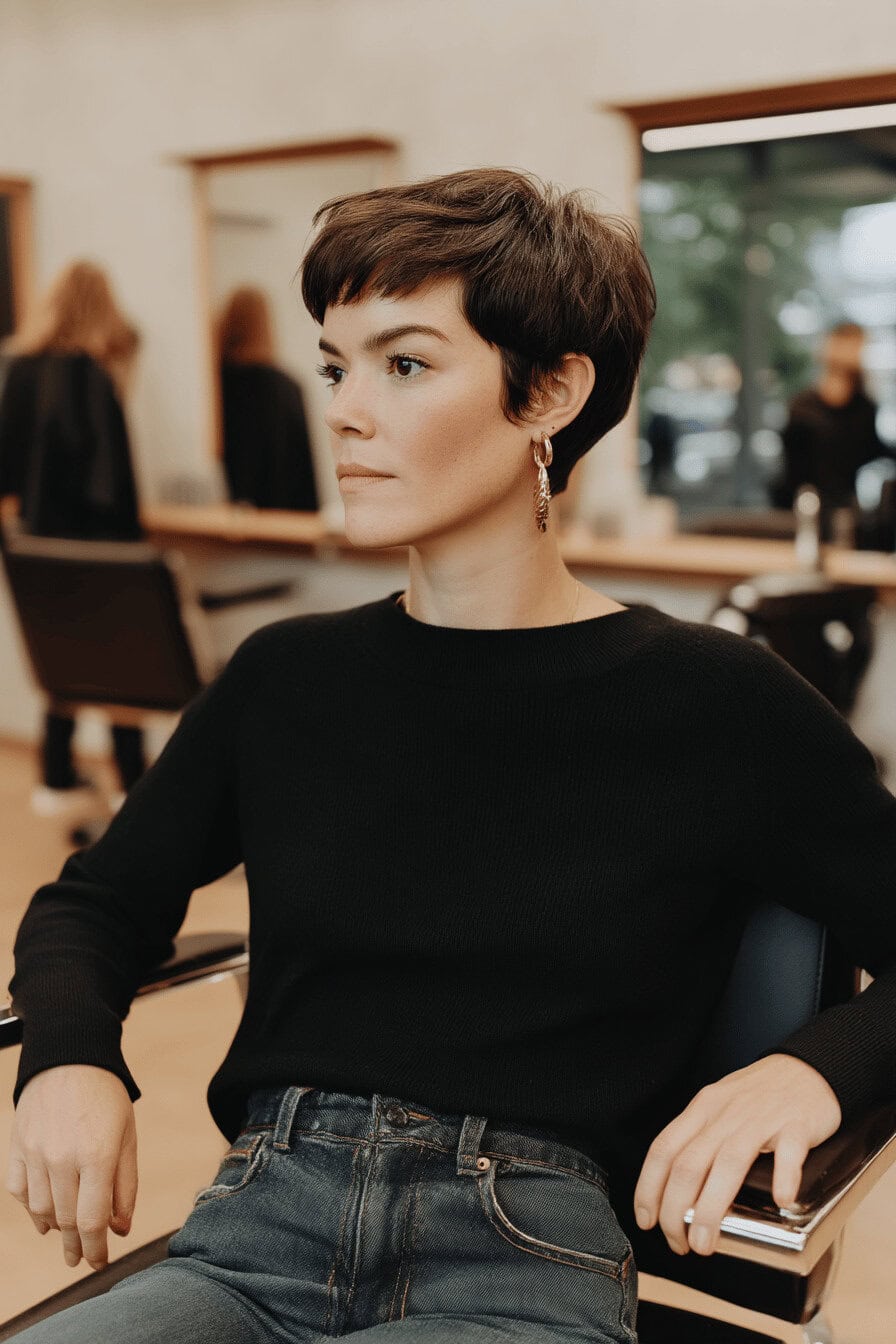 Eine Person mit einem kurzen, texturierten Pixie Cut im Friseursalon.