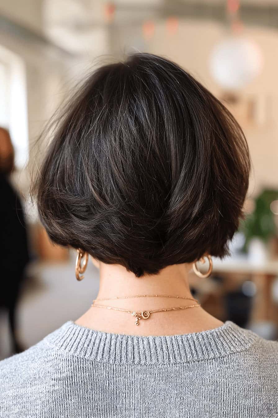 Eine Person mit einer stilvollen Bob-Frisur von hinten gesehen.