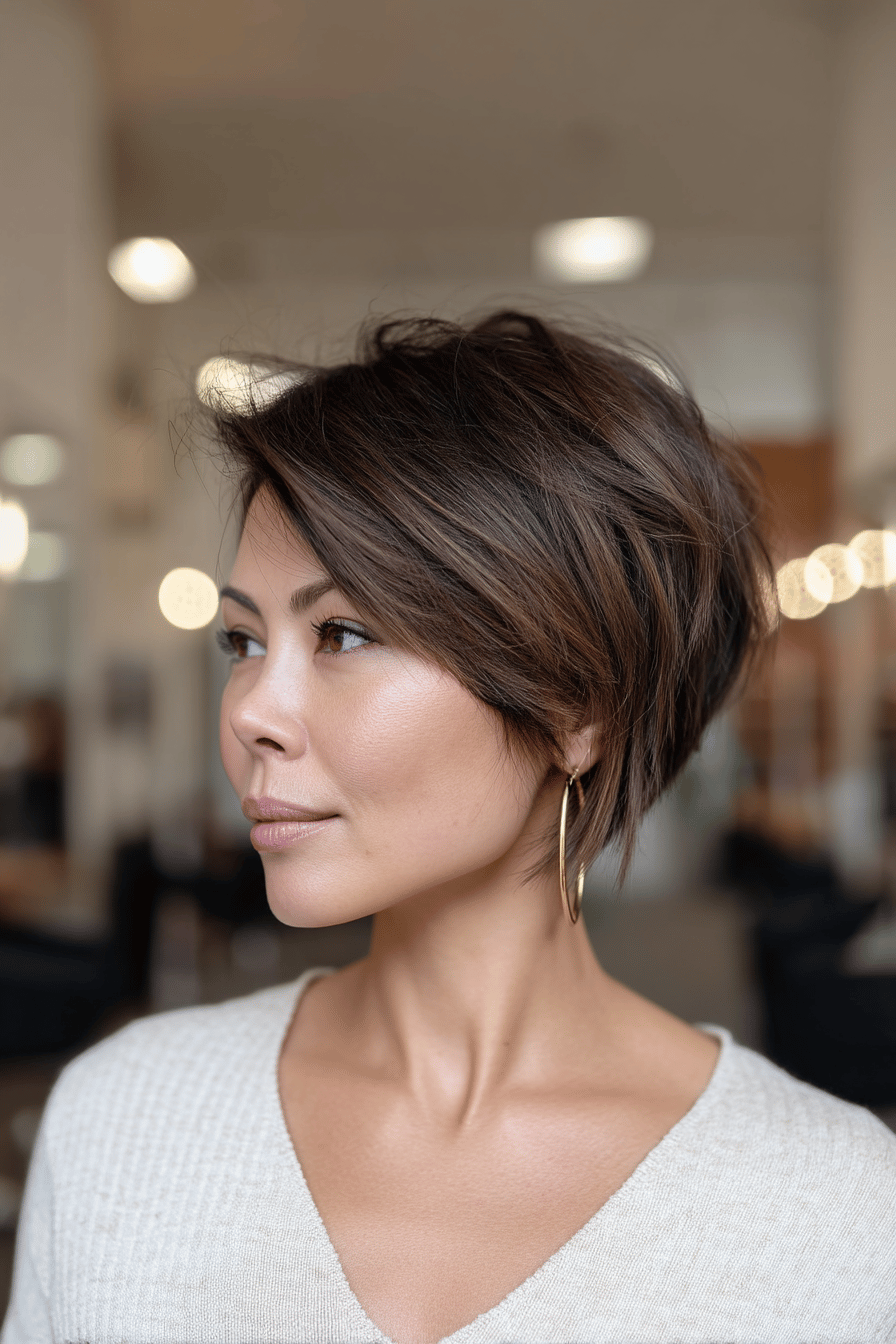 Eine Frau mit einem texturierten Pixie Bob Haarschnitt in einem modernen Salon.