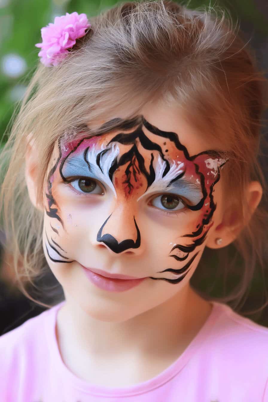 Ein Mädchen mit kunstvoll geschminktem Tiger-Gesicht und einer rosa Blume im Haar.