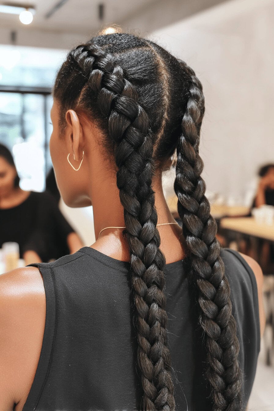 Eine Person mit zwei französischen Zöpfen, die stilvoll geflochten sind.