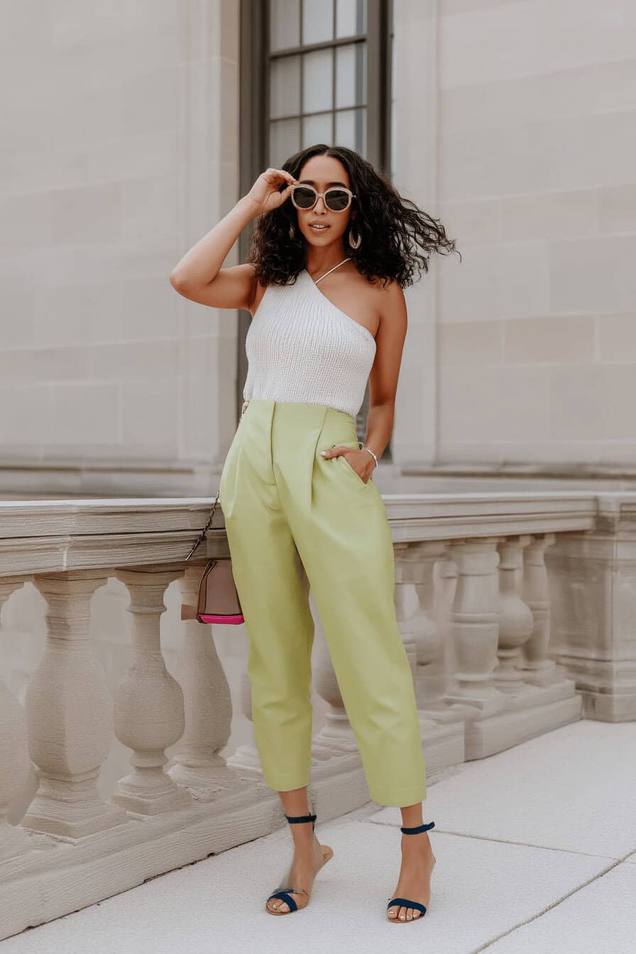 Frau in einem trendigen Frühlingsoutfit mit einem schulterfreien Top und hellen Hosen.