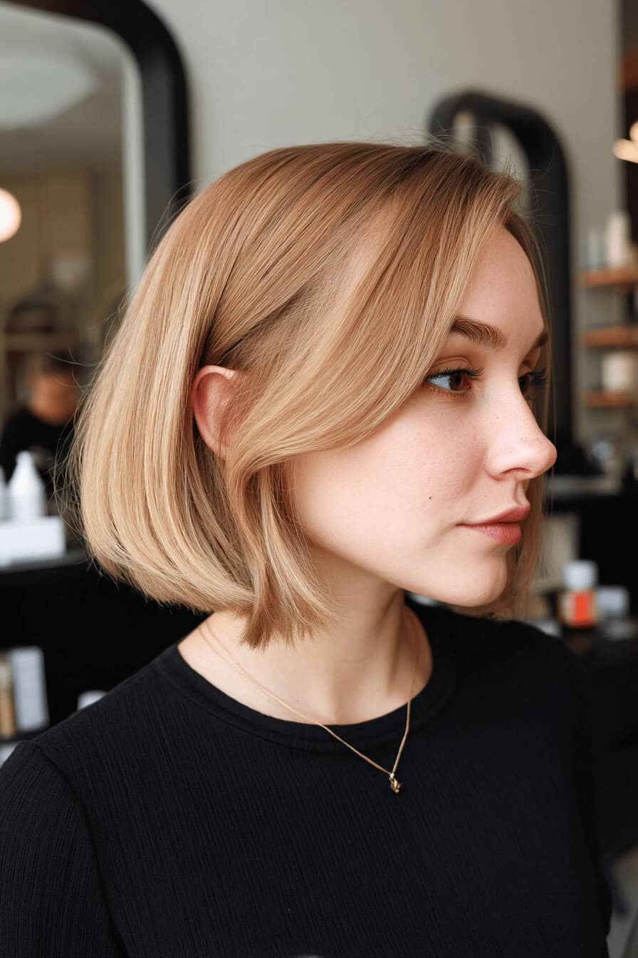 Seitenansicht einer Frau mit einem geschickt gestochenen Tucked Bob, der glänzende blonde Strähnen zeigt.